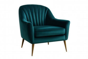 Comfortable teal velvet armchair with gold legs, isolated on transparent background, perfect for interior design projects