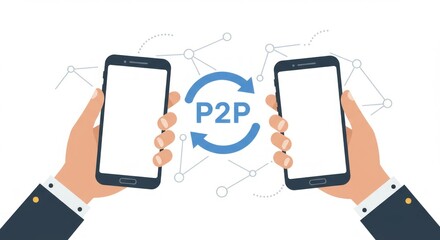 Two hands hold phones facing each other with a "P2P" symbol, representing direct data transfer. Abstract network lines