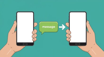 Two hands hold smartphones with blank screens. A green speech bubble, "message," with an arrow indicates communication between the devices