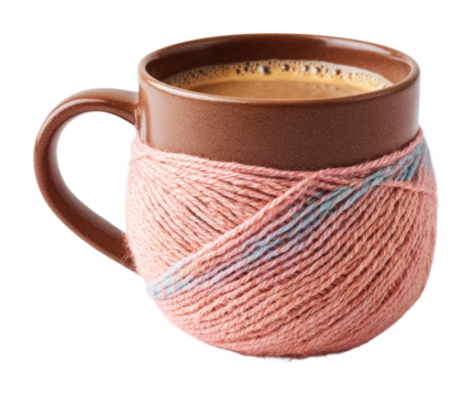 Cozy coffee cup wrapped in yarn home still life warm vibes isolated on transparent background