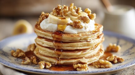 Stacked pancakes topped with yogurt, bananas, walnuts, and drizzle of syrup