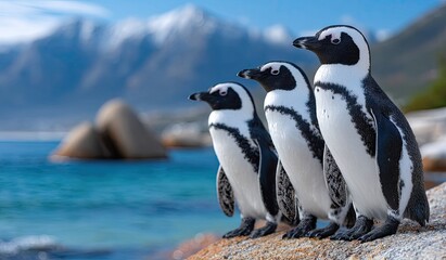 Fototapeta premium a group of penguins standing on the rocks