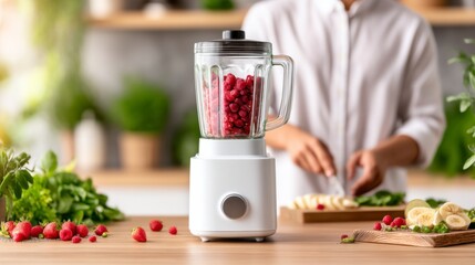 A modern kitchen scene featuring a blender with raspberries, surrounded by fresh ingredients and a person preparing food.