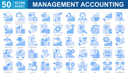 Management Accounting Icon Set Collection Concept With Icon Of benchmarking, key performance indicator, transaction history, inflation, communication, marketing, performance editable stroke eps 10