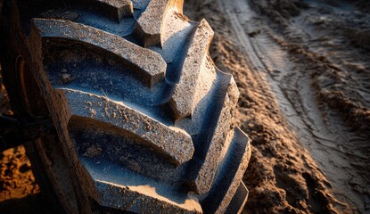 Close-up of a muddy tractor tire on a dirt road