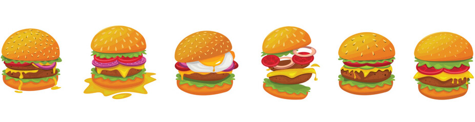Burger vector set. Set of fast food illustration. Hamburger vector illustration. Fast Food Icons Set. Burger illustration. cheese burger illustration