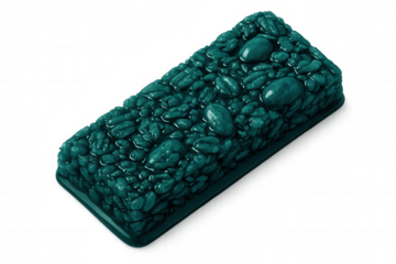Close-up of a teal protein bar with visible nuts and grains, providing a healthy and convenient snack option