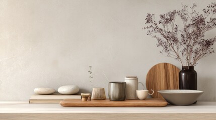 Elegant minimalist table setting with natural decor in a stylish home environment