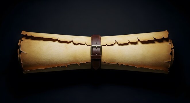 Aged parchment scroll with leather strap on dark background.