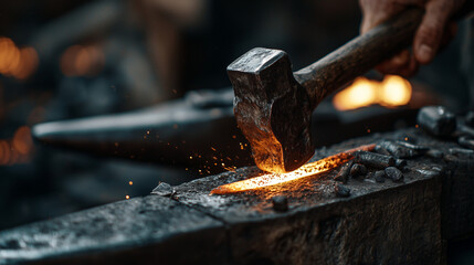 blacksmith, forging hot iron with hammer