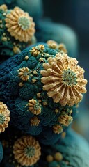 Close-up of intricate, floral-like structures.  Deep teal and light beige/gold patterns create a textured, 3D effect.  Clusters of delicate, ornate forms resembling blossoms or  geometric patterns