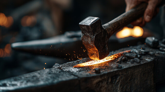 blacksmith, forging hot iron with hammer