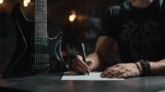 Penning Down the Music: A musician's hands craft lyrics on paper with his guitar and a pen, and black bracelets beside them, the essence of creativity unfolds. 