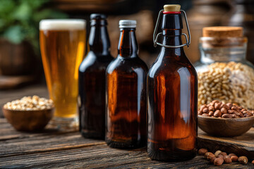 Craft beers displayed with ingredients in a rustic brewery setting
