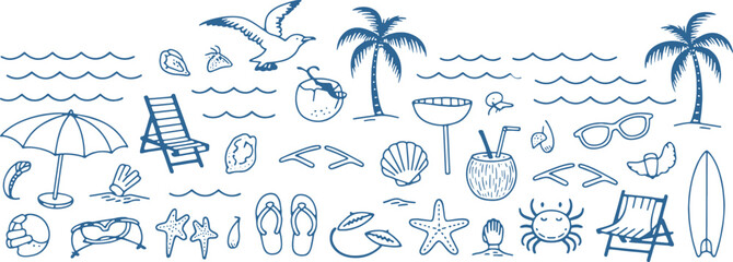 HandDrawn Beach Vector Set  Summer Doodles with Waves, Palms, Shells, Crabs, Sunglasses, and Surfboards