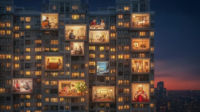 A look into the varied lives inside a city apartment building at night, where each window shows a different personal story