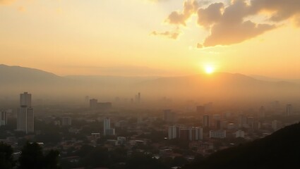 Golden Sunset over City Skyline and Distant Mountains