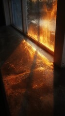 Golden sunset light streams through window, casting dramatic shadows on floor