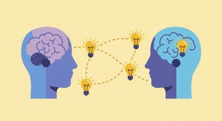 Two profile heads, stylized as brains, connected by lightbulb ideas