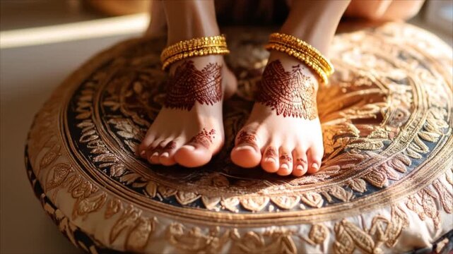 Decorated feet with henna and gold anklets