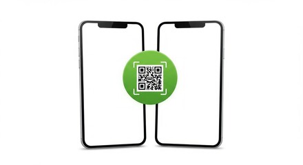 Two smartphones with a QR code displayed between them