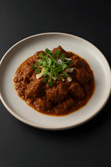 Gourmet Beef Rendang with Microgreens and Coconut Garnish