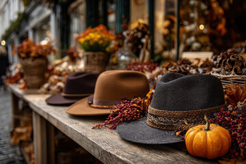 Fall market display featuring stylish hats and autumn decor