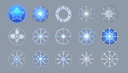 Collection of glowing, stylized snowflakes