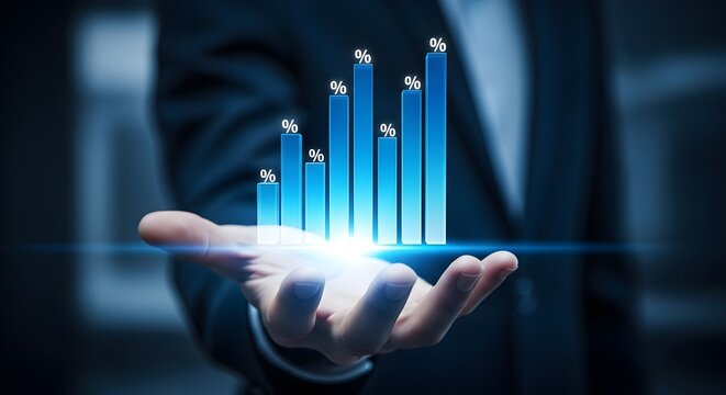 A businessman presents a glowing blue bar graph in his open palm, symbolizing growth and success.