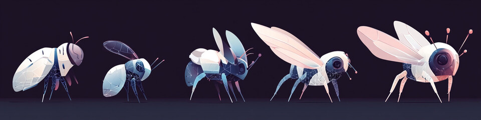 Abstract vector artwork of robotic insects starting with "P", each one featuring different cozy designs like pod-shaped bodies or pointed wings, elegant geometric layout,