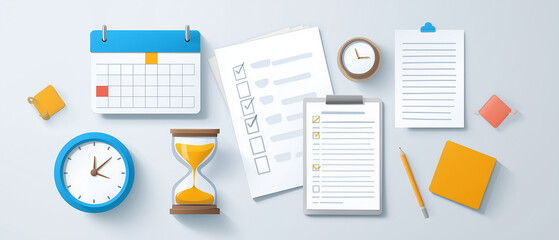 conceptual flat lay of productivity planning with calendar, checklist, hourglass, and task icons symbolizing efficient scheduling and project management, designed on plain white background  