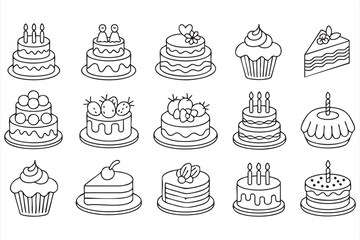 Hand drawn cake doodle set with cupcakes fruit toppings and festive slices