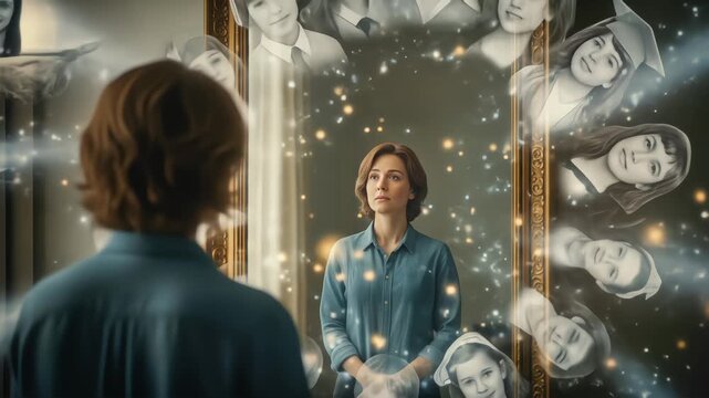 A pensive woman looks in a mirror and sees her life's memories of family and personal milestones swirling around her reflection