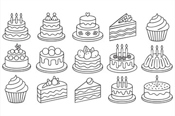 Cake and dessert doodle vector set with birthday cupcakes and slices
