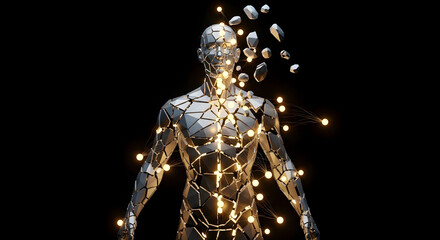 AI consciousness dissolving into a network of data, a powerful visualization for mental health awareness in the digital age