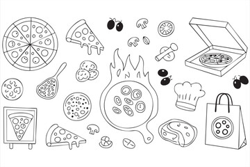 Hand drawn pizza vector set with toppings chef hat and restaurant design