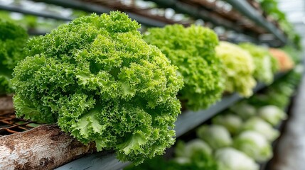 Lettuce growing in rows inside a greenhouse or indoor vertical farm.
