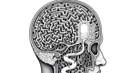 Mental health awareness A person's brain as a complex maze representing cognitive challenges and pathways to understanding