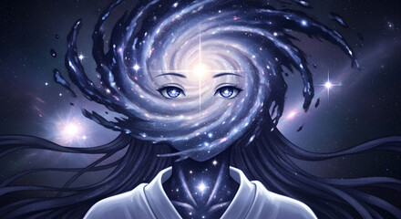 Mental health awareness Cosmic consciousness merging with the universe, symbolizing inner peace and the vastness of the mind