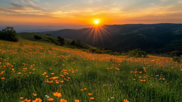 A vibrant sunset over rolling hills filled with orange flowers.