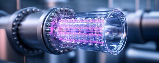Superconducting quantum computer cooled in futuristic chamber with glowing neon pipelines and advanced design.