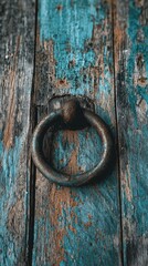 Aged door with weathered teal paint and a metal ring handle