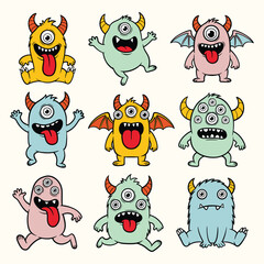 Cute Cartoon Monster Characters Collection, Funny Colorful Cyclops Creatures Illustration Set