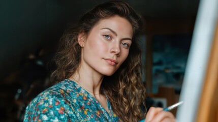 A female artist painting in her studio. Her face reflects concentration and creativity as she works on her canvas.