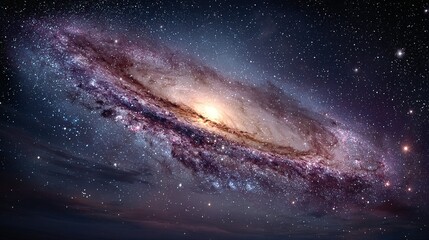 Fototapeta premium Galaxy with bright center and swirling arms against a dark starry background.