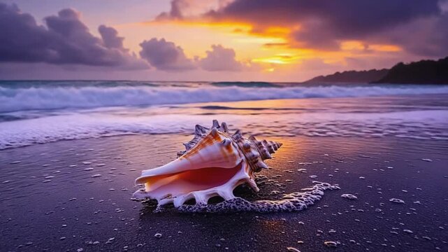 Stunning seashell rests on wet sand as gentle waves lap shore at sunset
