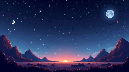 Fototapeta premium Pixel Art Night Sky Landscape with Crescent Moon and Stars over Mountains