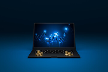 stock charts on laptop screens represent finance and coin stack represent finance.