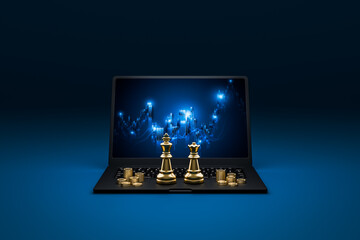 Chess and money coin represents corporate leaders and stock charts on laptop screens represent finance.