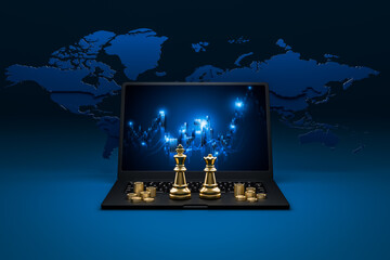 Chess and money coin represents corporate leaders and stock charts on laptop screens represent finance.